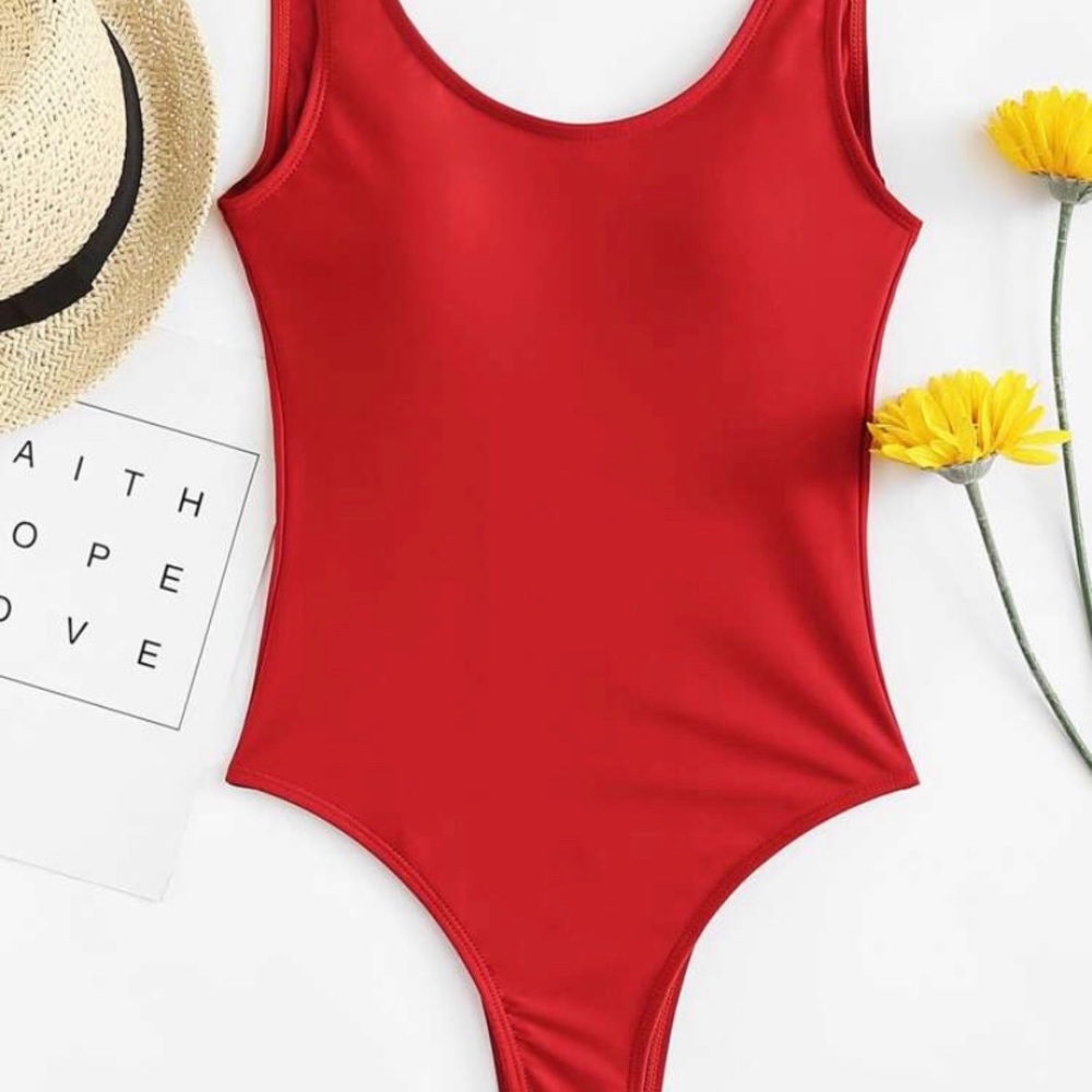 Red one piece swimsuit! Super cute!